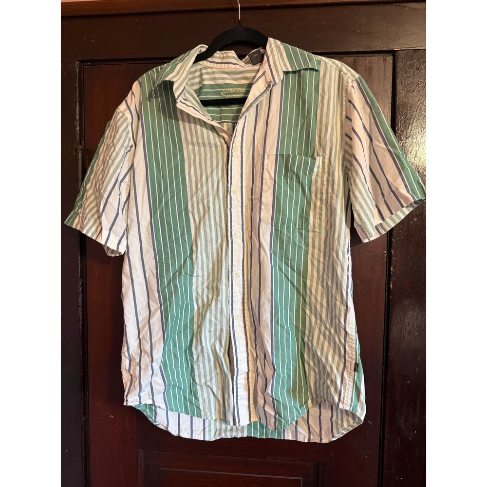St Johns Bay Mens Sm Green Blue Striped Vintage Short Button Down Cotton Shirt